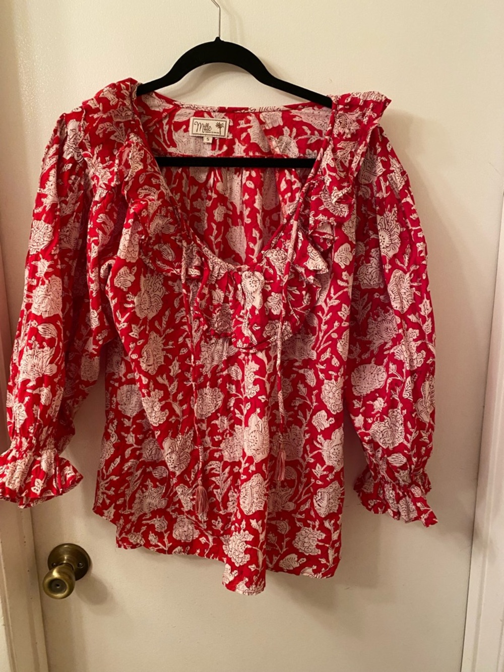 Mille Red Floral Ruffle Neck Blouse